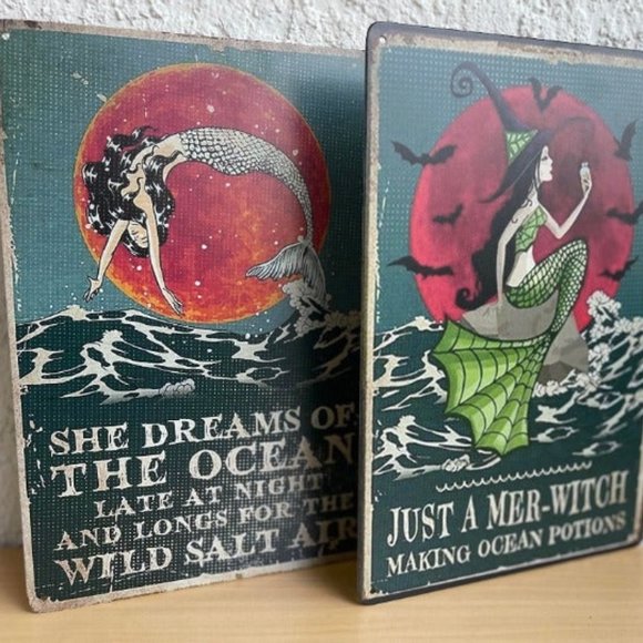 Set of 2 Retro Vintage Mermaid Ocean Metal Sign 12x8 inches Wall Hanging - Picture 1 of 7